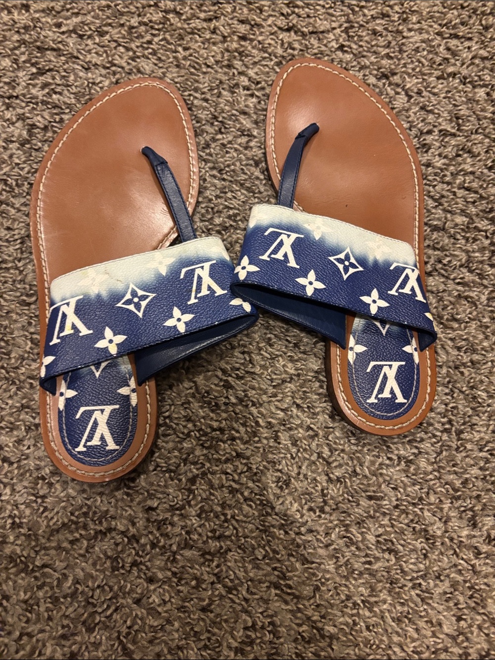 Louis Vuitton Blue Monogram Kids Toe-Post Sandals with Tan Footbed